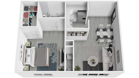 A top-down view of a modern apartment with a kitchen, living room, and bedroom.